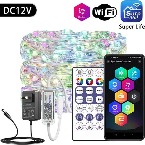 (Suplife DC SET-10m) Guirlande LED RGBIC WS2812B, fil de cuivre, adressable individuellement, pour fêtes, mariages, décorations lumineuses de Noël, 5 V/12 V CC (1/5)