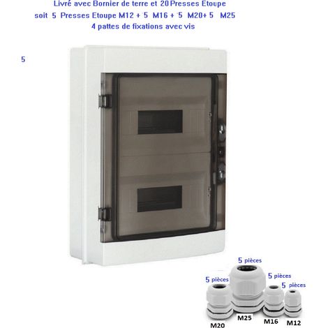 Coffret électrique étanche 2 rangées de 12 modules apparent IP65 + borniers de terre et 20 Presses étoupe