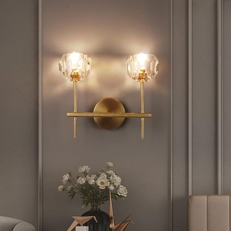 Applique Murale en Cristal Dorée, Lampe Boule, G9, Lumière Chaude Applique Murale Moderne Luxe avec Ampoule, Art Deco, Idéale pour Chambre Chevet Salon Couloir Salle à Manger-2 Lumières, Ø9cm (1/5)