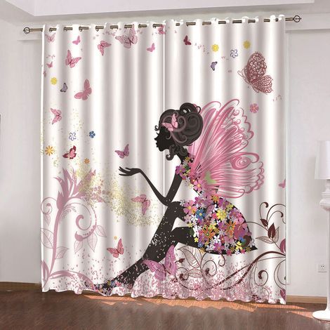 Cortinas opacas térmicas, blancas, rosas, amarillas, con estampado de mariposas y hadas, 1 pieza, para dormitorio infantil, habitación de bebé niña o salón, diseño moderno, 100 x 140 cm. (1/4)