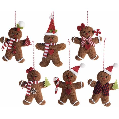 Addobbo albero di Natale ad omino pan di zenzero in panno con cappellino, sciarpa e decori colorati con cordino, set da 18 pezzi, cm 7 x 11 H