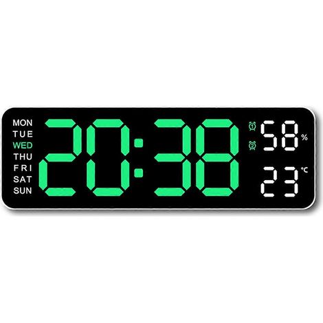 Grande horloge murale numérique avec affichage LED vert de la température et de l'humidité, format 12/24 heures. (1/5)