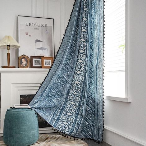 Blue cotton office curtains with tassels, bohemian geometric print with eyelets, semi-blackout burlap curtains (150 x 180 cm) (1/5)
