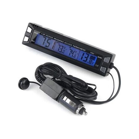 Thermomètre numérique 3 en 1 pour voiture : voltmètre, horloge, moniteur de tension et de température 12 V, usage intérieur et extérieur, LED (1/3)