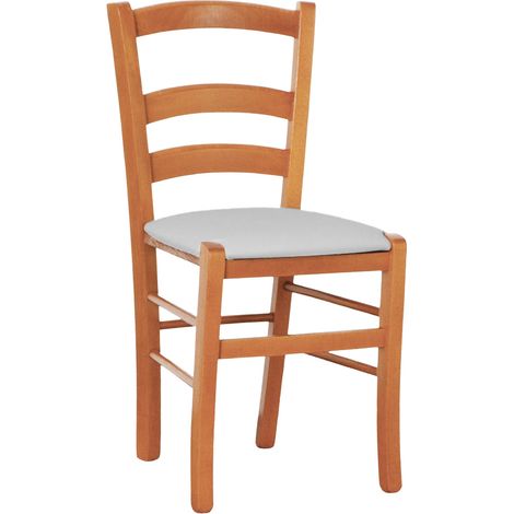 Sedia legno venezia color ciliegio con seduta similpelle imbottita grigio chiaro