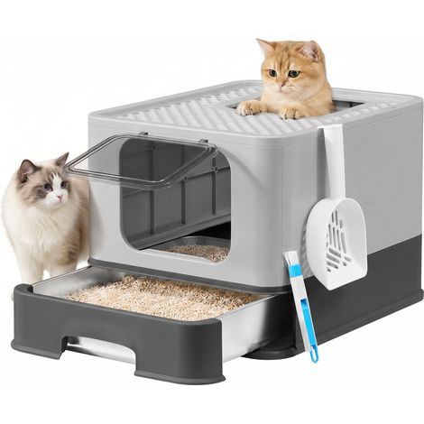 Bac à Litière pour Chat en Acier Inoxydable, Caisse Litière avec Plateau Coulissant, Pelle, Brosse, 2 Entrées, pour Chats Jusqu'à 15 kg, Gris Anthracite et Gris Tourterelle (1/5)