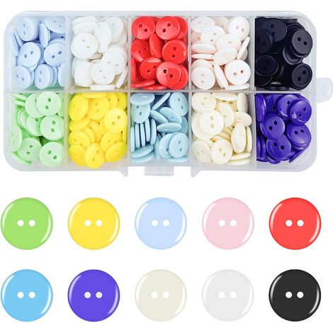 500 boutons colorés, boutons ronds en résine de 10 mm à 2 trous, grands boutons de couture et de loisirs créatifs, avec boîte de rangement en plastique (10 mm).