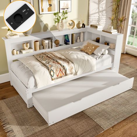 Canapé-lit en bois 90×190/200cm avec lit gigogne, lit enfant, prise USB et prise, sommier à lattes, sans matelas, blanc (1/5)