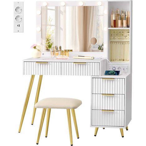 Toeletta con specchio e sgabello tavolo da trucco 40 x 110 x 135 cm con cassetti lente d'ingrandimento illuminazione LED vassoio portagioie presa multipla bianco 120008057
