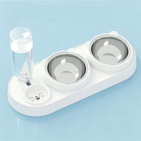 Gamelle pour chat 3 en 1 - Ensemble de gamelles pour nourriture et eau pour chat avec distributeur d'eau et gamelles en acier inoxydable inclinées à 15° - Trois gamelles pour chat intérieur (1/5)