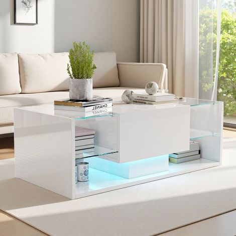Mesa baja moderna para salón, Mesa baja rectangular con LED, 100x50x35 cm, 4 estantes y 1 cajón, Mesa auxiliar, Blanca (1/5)