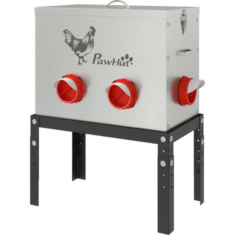 Mangeoire pour poules, capacité 18 kg, couvercle verrouillable, pieds réglables, 6 ouvertures, 42 x 25 x 55,5 cm, argent (1/5)