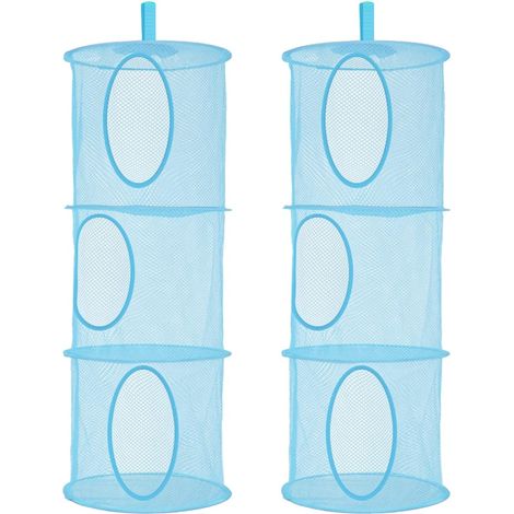 Lot de 2 boîtes de rangement suspendues en filet pour peluches, boîte de rangement pliable à 3 niveaux bleue (1/3)