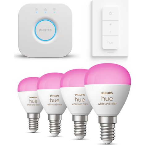 Philips Hue Kit de démarrage E14 avec 4 Ampoules Sphérique Lumière blanche et colorée - Comprend 1 Bridge, 1 Variateur de lumière - White et Color Ambiance (1/5)