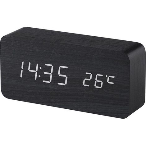Reloj despertador digital de madera negra apto para iluminación LED,funciona con dos pilas USB,reloj despertador LED de madera silencioso (1/4)