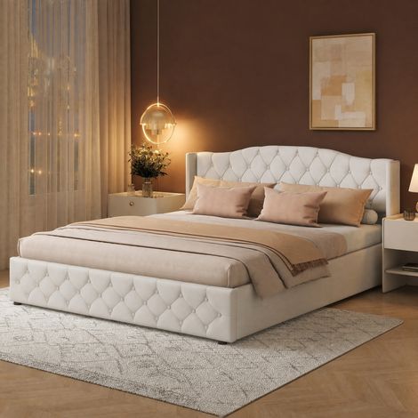 Lit coffre 180x200 cm beige en lin et coton avec ouverture hydraulique (1/5)