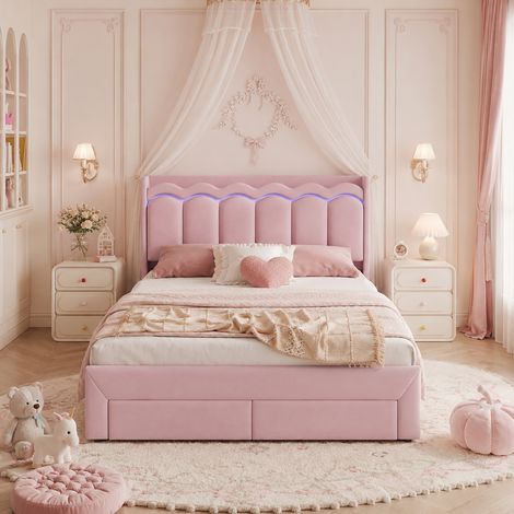 Lit enfant rembourré 140 x 200 cm, 2 tiroirs au pied, tête de lit ondulée avec tablette et LED connectée, rose (1/5)