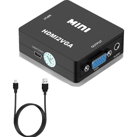 Adaptador HDMI a VGA, 1080p, conversión estable de audio/vídeo Full HD, compatible con HDTV, PC, portátil, ordenador de sobremesa, color negro.