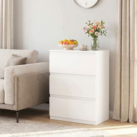 Commode blanche 3 tiroirs, meuble de rangement moderne pour chambre à coucher, armoire de stockage élégante, mobilier pratique. (1/5)
