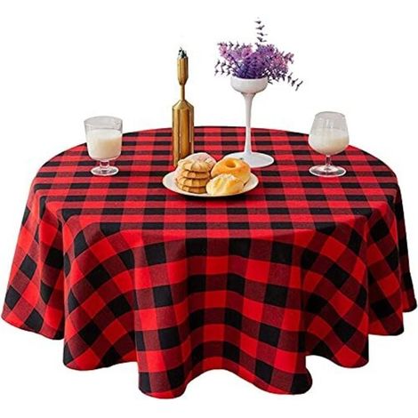 Nappe ronde à carreaux de 140 cm pour table de mariage, cuisine, salle à manger, rouge (1/4)