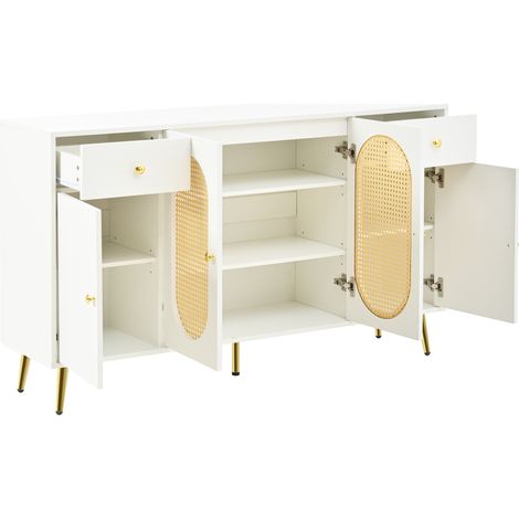 Commode, buffet, sideboard avec 2 tiroirs et 4 portes, étagères réglables en hauteur, convient au salon et à la cuisine, blanc et tons naturels, dimensions: L140 x P35 x H82 cm (1/5)