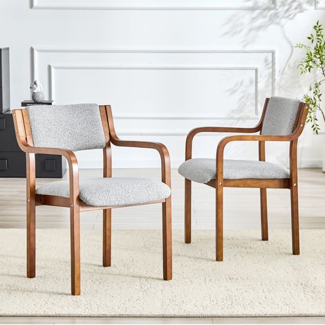 Lot de 2 chaises de salle à manger avec accoudoirs, Fauteuil pour salon et cuisine, bois marron et tissu bouclé gris (1/5)