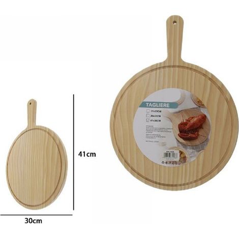 TrAdE Shop Traesio - Tagliere Legno Rotondo Affetta Pane Salumi Carne Pizza Con Manico 41x30cm 74198 -