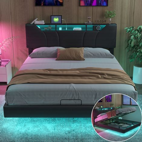 Lit coffre - Lit 140x200 avec sommier - LED et USB Type C - tête de lit réglable et Espace - Rangement - Lit rembourré - PU - Noir (1/5)