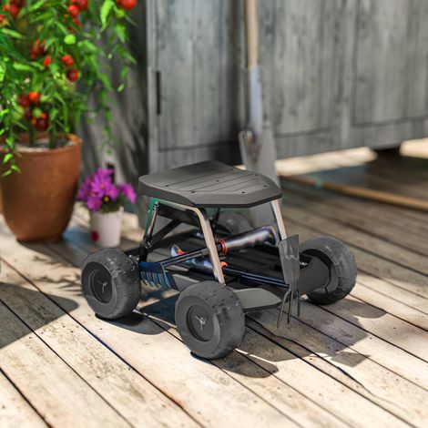 Gartenhocker mit Rollen und Ablagefläche, Tragkraft 130 kg, 50 x 49 x 32 cm, Schwarz