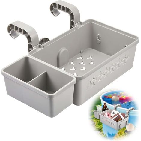 Swimming pool storage basket set includes plastic swimming pool basket, cup holder, multi-function swimming pool accessories suitable for above ground swimming pool tub (gray) (1/5)