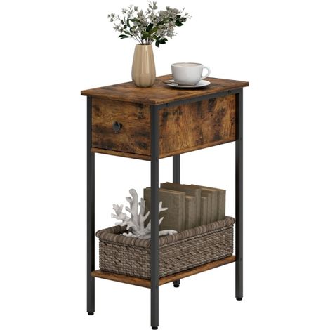 Bout de canapé Table de nuit avec tiroir de rangement et compartiment ouvert en bois brun à pieds métalliques élégants (1/5)