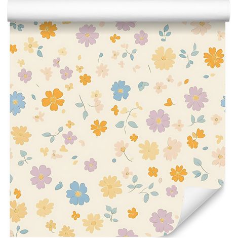 Carta da parati Cottagecore con fiori nei colori bianco, crema, grigio chiaro e corallo, 50x1000 cm. (1/5)