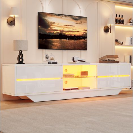 Meuble TV laqué blanc 160 cm avec LED RGB, 2 portes, pour TV 65 pouces - REDOM (1/5)