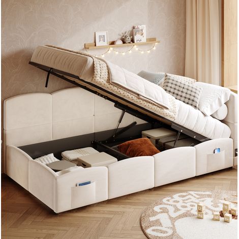 Cama individual tapizada beige 90x190 cm de terciopelo, con arcón hidráulico, USB-A/USB-C y bolsillos laterales (1/5)
