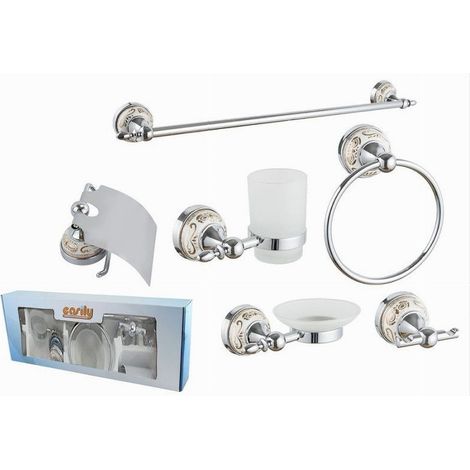 Trade Shop - Set De Baño 6pzs Acero Cristal Cerámica Decoraciones Dorada Portarollos 52436 - (1/2)
