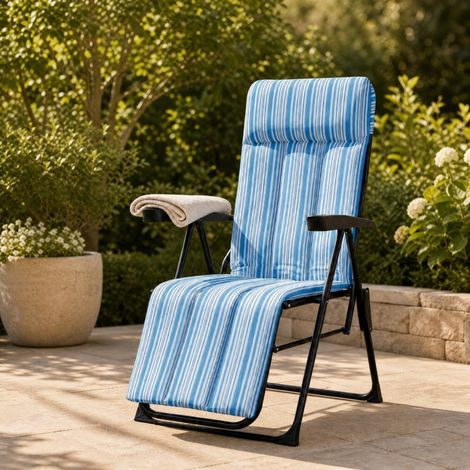 Chaise longue pliante noire résistante aux intempéries avec coussin, dossier réglable et supportant 150 kg pour jardin et terrasse (1/5)