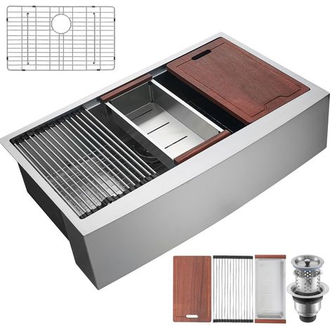 Évier de cuisine ferme, inox 304, à poser, bac unique avec rebord et accessoires, pour station de travail, préparation et bar, 36 pouces. (1/5)