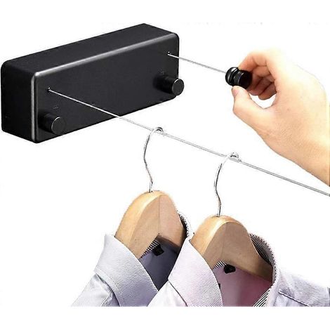 Étendoir à linge rétractable (noir) pour l'intérieur, avec double corde réglable en acier inoxydable, fixation murale, gain de place, pour balcon ou salle de bain. (1/5)