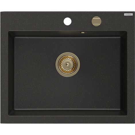 Mexen Elix évier de cuisine en granit 1 bac 600 x 500 mm, noir/doré métallique, siphon doré - 6525601005-75-G (1/5)