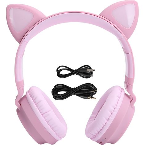 Casque Bluetooth 5.0 sans fil avec oreilles de chat lumineuses 3D, microphone et pliable - Rose (1/5)