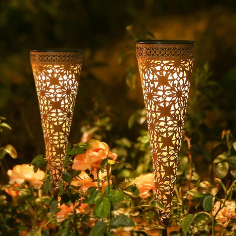 2 Pack Metal Solar Lights for Outdoor Garden Decoration, Solar LED Garden Lights Warm White IP65 Waterproof for Balcony, Planters, Lawn, Christmas Path (1/5)