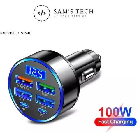 Chargeur Allume Cigare Voiture 6 ports 4 USB + 2 PD Affichage Recharge rapide (1/3)