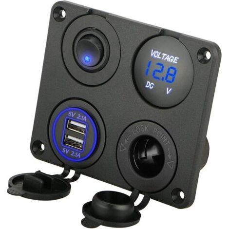 Pannello di prese di ricarica 4 in 1, doppia presa USB da 12 V 4,2 A con voltmetro LED integrato - Blu (1/4)