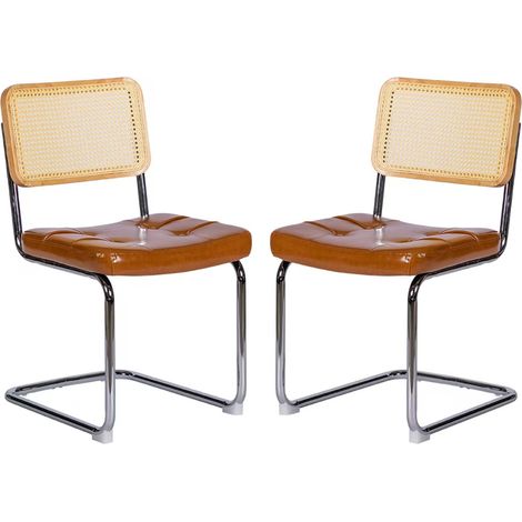 Chaise de salle à manger design milieu du siècle, assise velours et dossier en rotin tressé, pieds chromés (1/5)