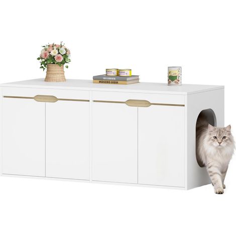 Meuble Litiere Chat pour 2 Chats, 120cm Maison de Toilette Chat avec Entrée Latérale, Doubles Portes, pour Cacher la Plupart des Bacs à Litière pour Chats, pour Chat, Chêne Blanc et Blanc