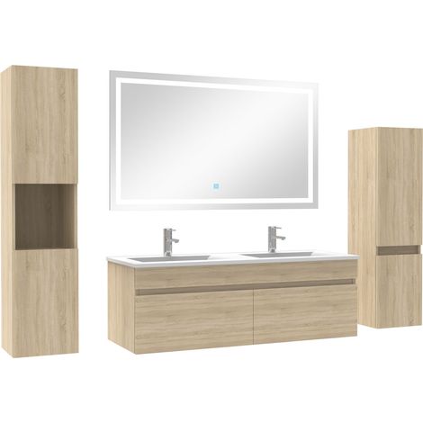 Ocean meuble Salle de Bain 120cm double vasque + colonne + miroir lumineux Chêne Wotan