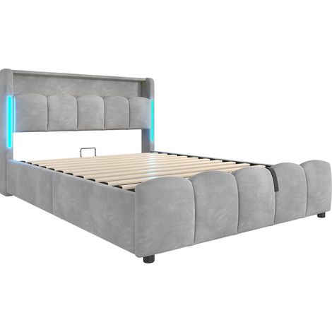 Letto imbottito 140 x 200 cm in velluto grigio con LED e contenitore idraulico (1/5)
