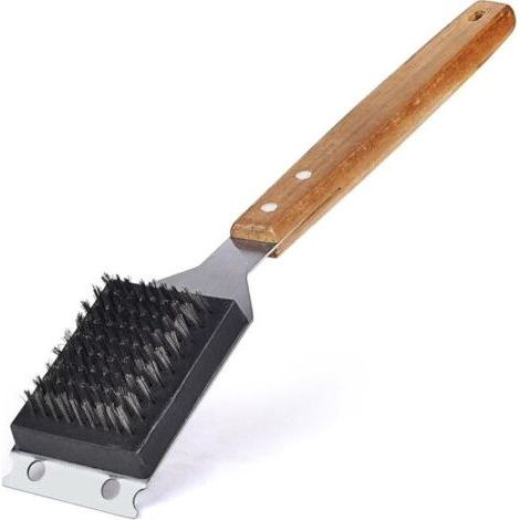 Grill Brush and Scraper with Replaceable Stainless Steel Head - Outdoor Grill Brush with 15 Inch Extended Wooden Handle - Won't Scratch Grill (1/4)