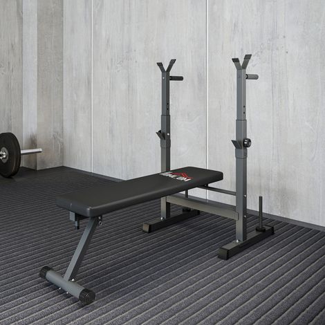 Klappbare Hantelbank mit 8-fach verstellbarer Langhantelablage, Stahl- und PU-Gewebe, für das Heim-Fitnessstudio, Belastbarkeit 220 kg, 140 x 73 x 98–122 cm, Grau
