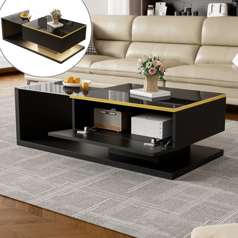 Tavolino fisso da 100 cm con contenitore, Tavolino in vetro con effetto LED - Nero